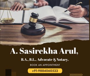 A. Sasirekha Arul, B.A., B.L., Advocate & Notary. Completed 23 years in the legal profession.