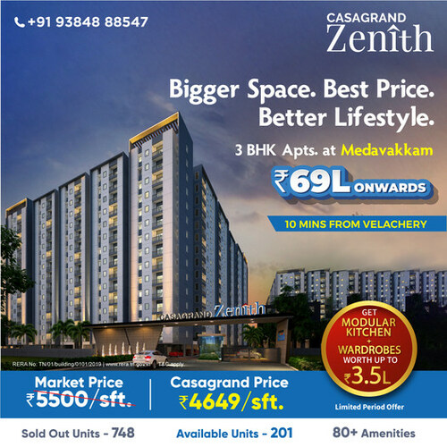 Casagrand Zenith | 3 BHK Apartments in Medavakkam | Rs. 69 Lakhs Onwards | Wellness Themed Community