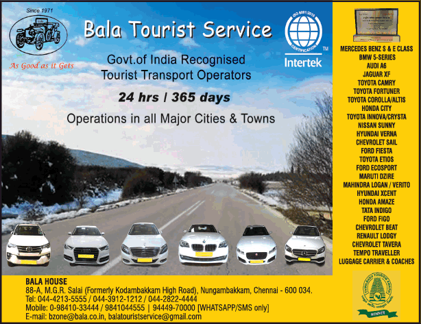 Bala Tourist Service  Tourist Transport Operators 88, MGR Salai, Nungambakkam, Chennai - 600 034, Tamil Nadu , India
