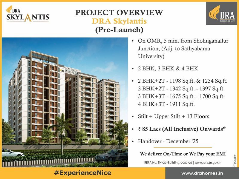 DRA Skylantis  By DRA Homes  Semmancheri, OMR, Chennai.  Near Adjacent To Sathyabama University